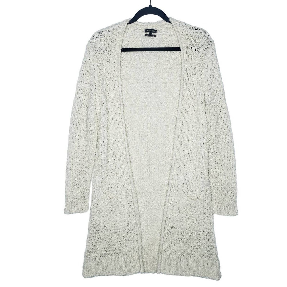 Massimo Dutti Small Long Cream Eyelash Fringe Crochet Knit Open Cardigan Duster